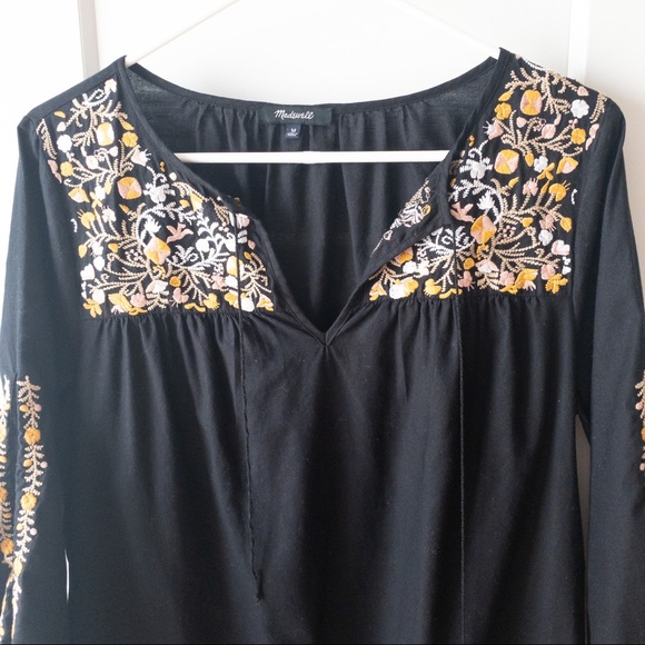 Madewell Black Colorful Floral Embroidered Slit Sleeves Tassel Mini Dress Size M - Picture 5 of 6